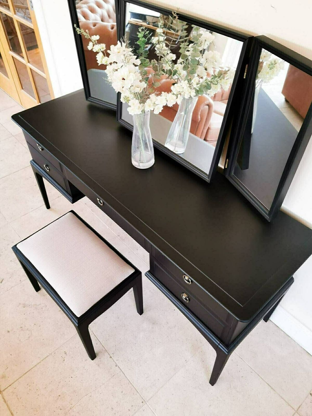 Spray Painted Matt Black Stag Minstrel Dressing Table Set With Triple Mirror & Stool photo vintage