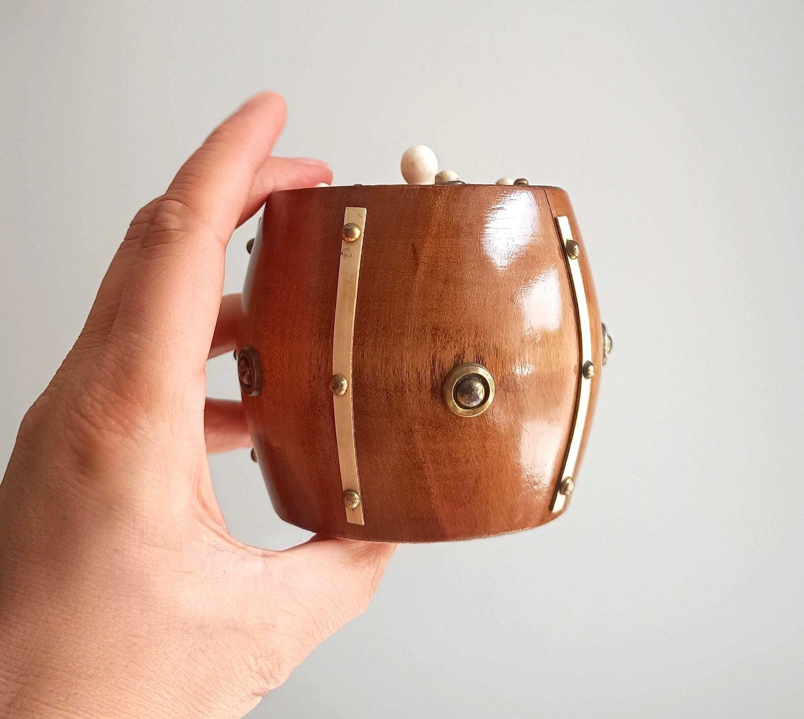 photo vinterior Victorian Maritime Fruitwood Tobacco Jar: Bone Strips, Brass Studs, Sailors Treen Tea Caddy