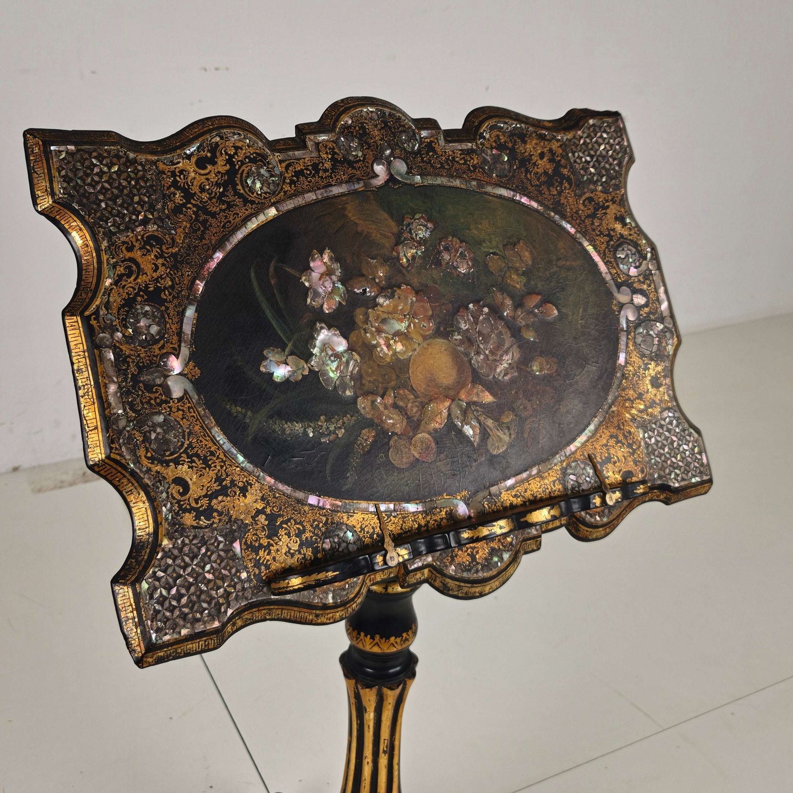 Antique French Papier Mâché Lacquer Music Stand With Mother Of Pearl Inlay C.1880 photo furniture