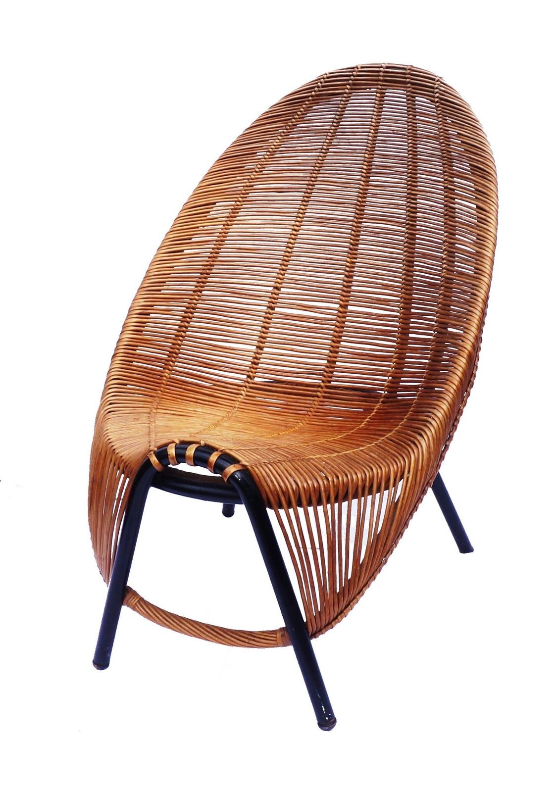 A Rare 1950s Sculptural Lounge Chair By Wladyslaw Wolkowski In Wicker On Tubular Steel Frame With Wooden Feet