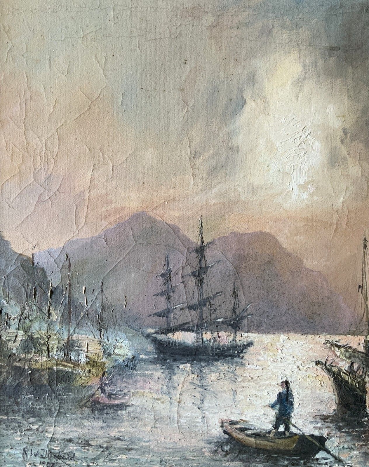 Seascape Oil Painting Moonlit Harbour Ships Signed Original 20th Century photo 299.0