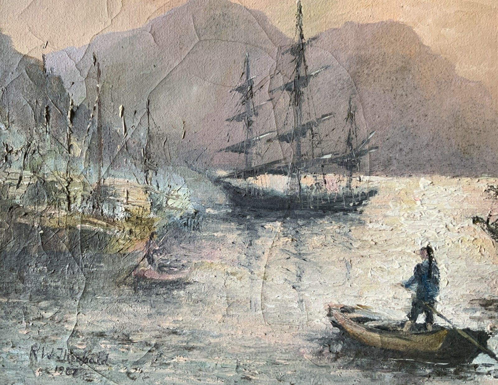 photo furniture Seascape Oil Painting Moonlit Harbour Ships Signed Original 20th Century