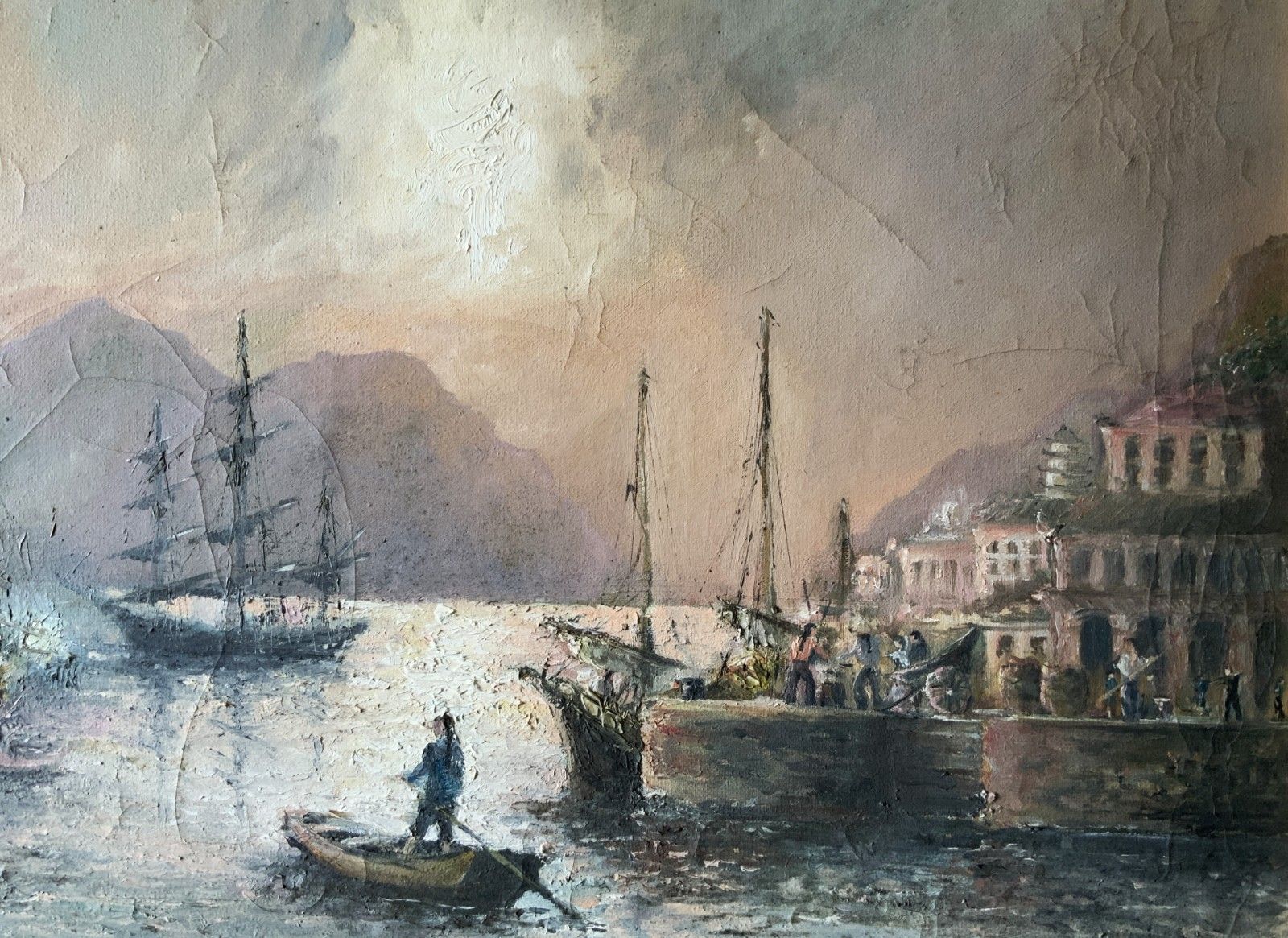 photo for sale Seascape Oil Painting Moonlit Harbour Ships Signed Original 20th Century