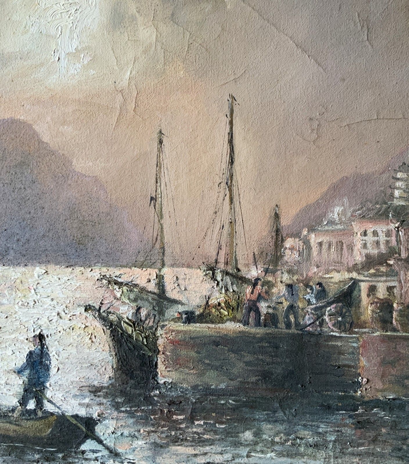 Art Seascape Oil Painting Moonlit Harbour Ships Signed Original 20th Century photo