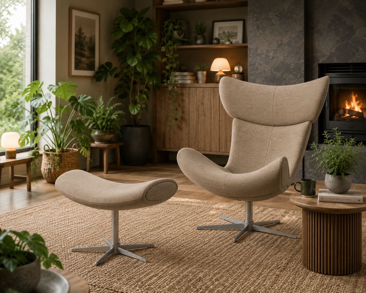 Brand New Designer Imola Swivel Lounge Chair & Footstool Matching Pair (Sand Napoli Fabric) photo for sale