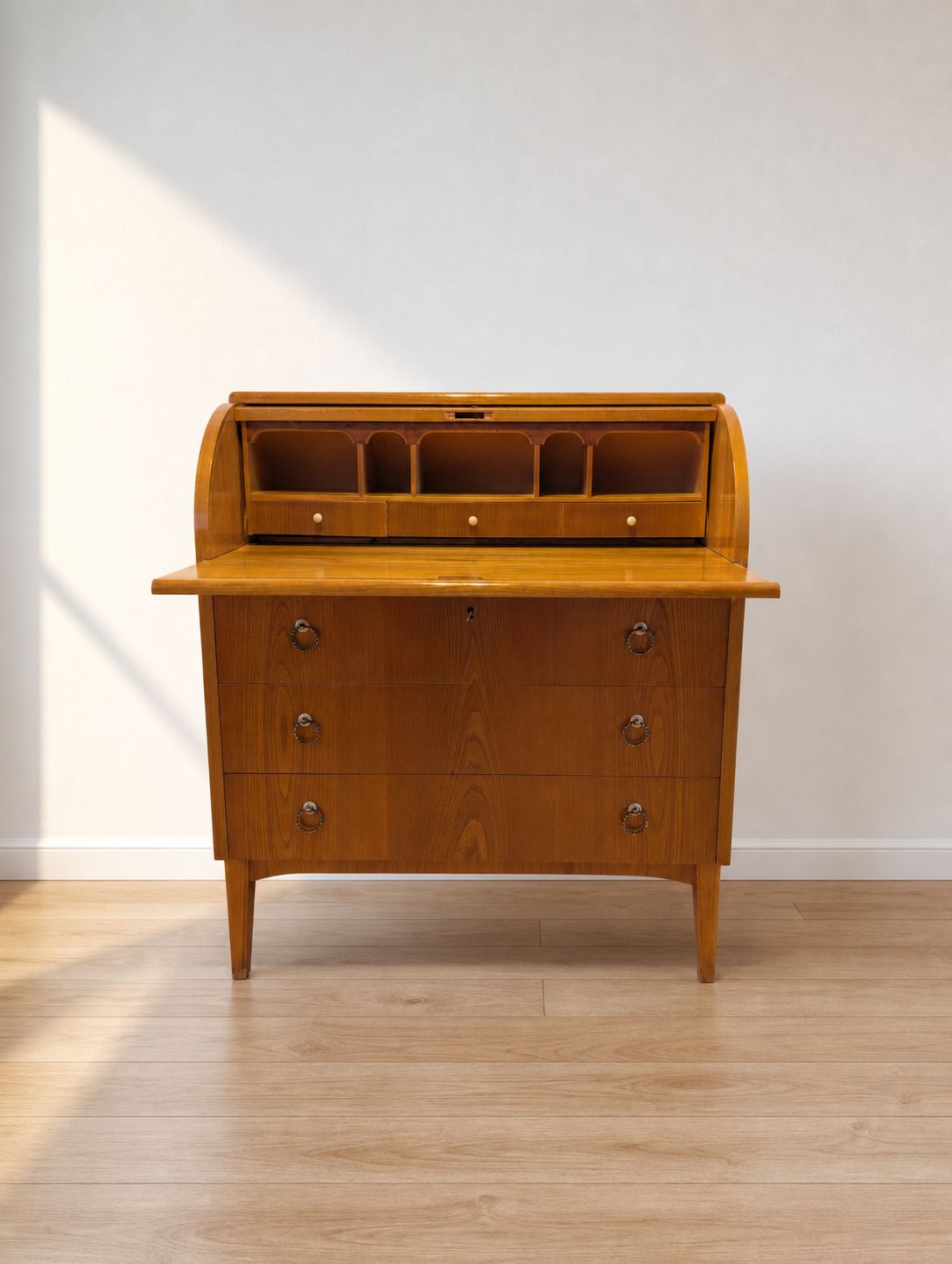 Vintage Scandinavian Teak Roll‑Top Secretary Desk, 1950s Mid Century Writing Bureau photo furniture