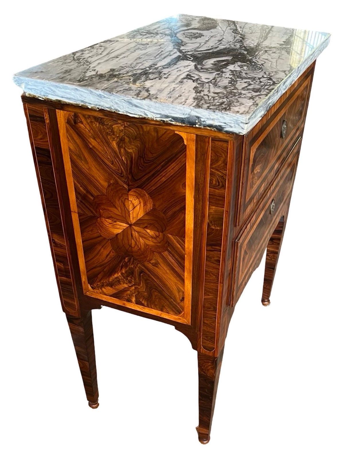 photo vintage Italian Neoclassical Nightstand With Walnut Inlay And Thick Marble Top