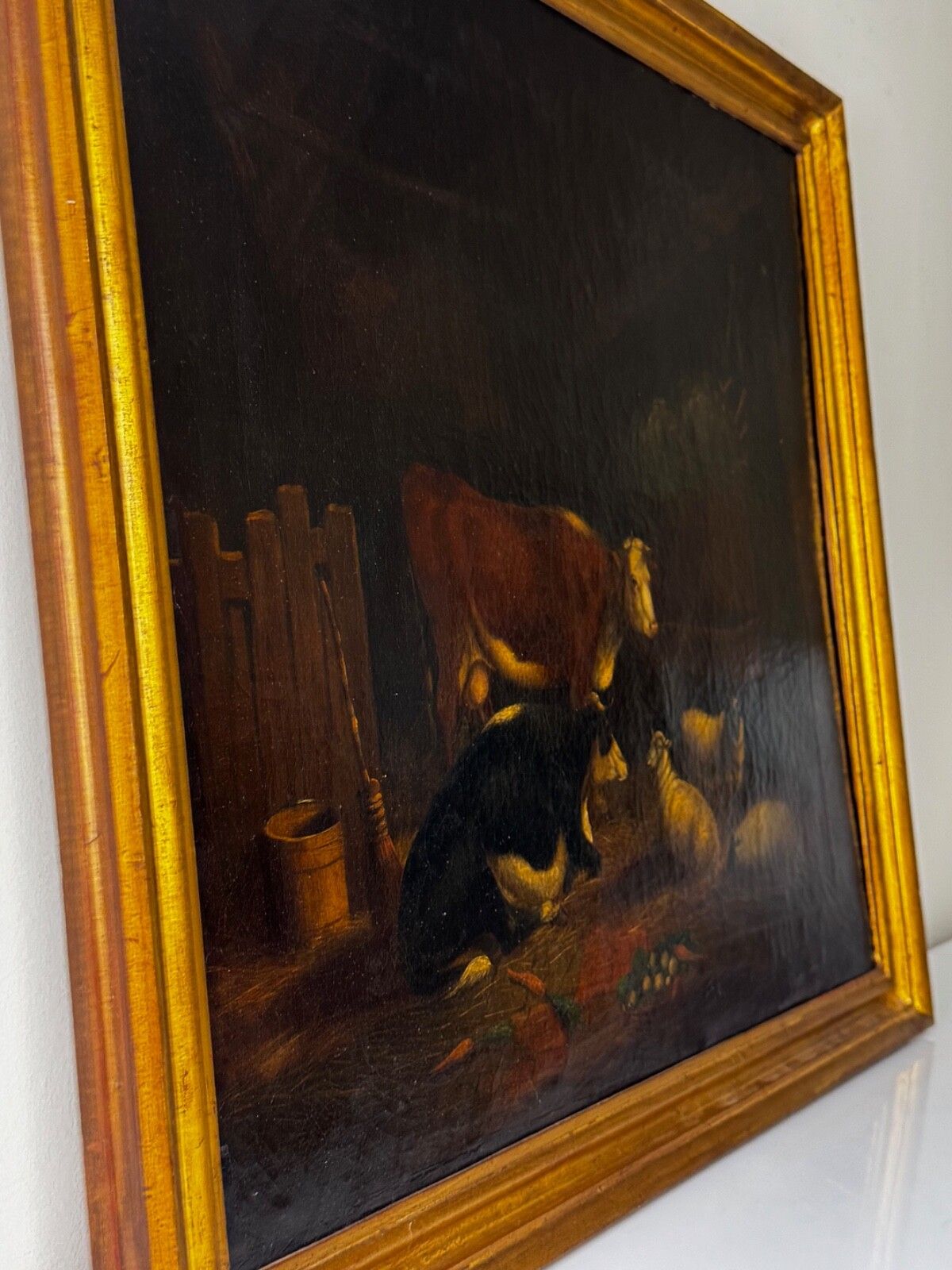 Schilderij Koeien en schapen schuilen in schuur, volgeling van Thomas Sidney Cooper, ca. 1850 photo Kunst
