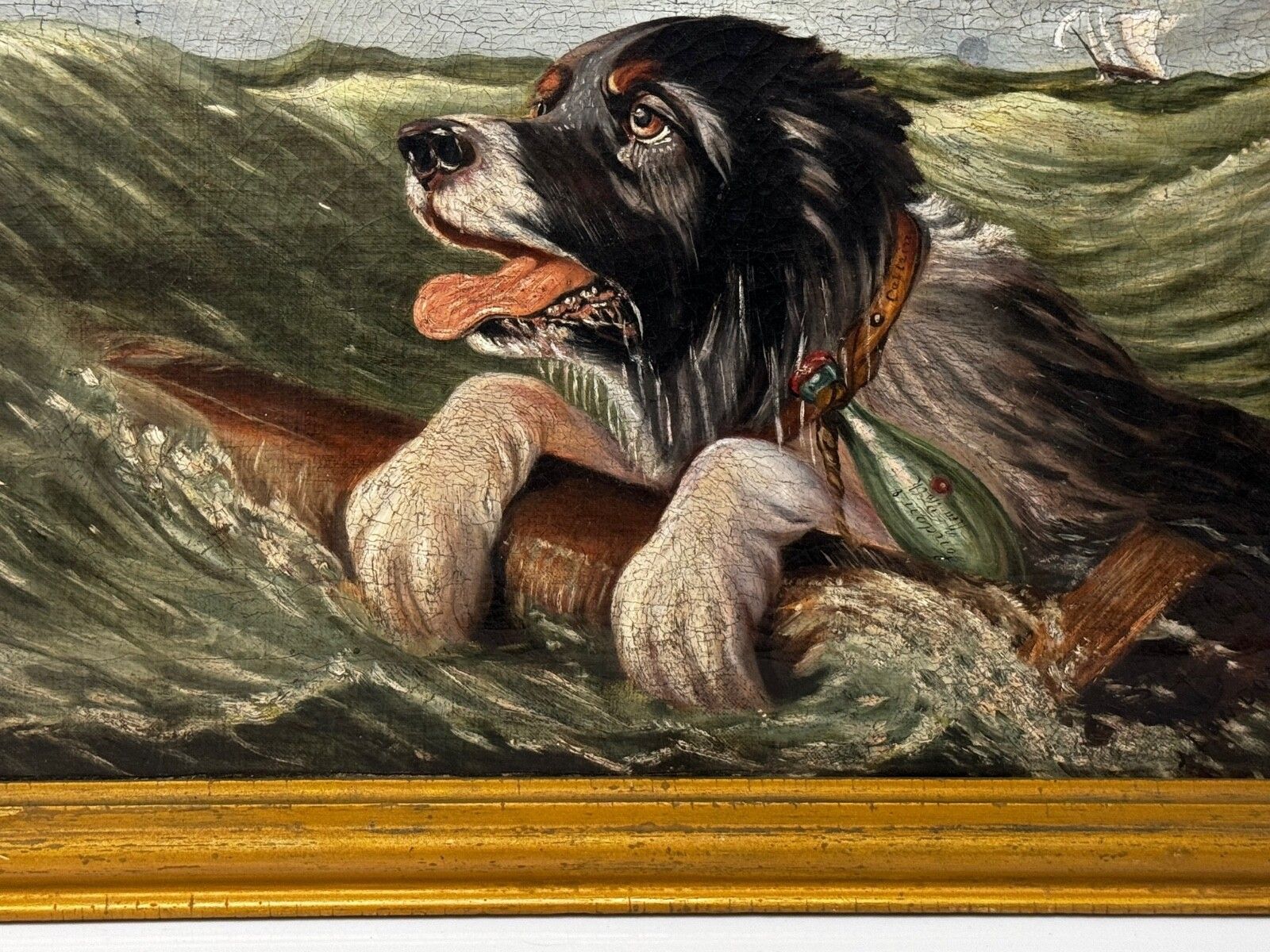 Marine Oil Painting Saint Bernard Dog Swamped Shipwrecked Approaching New York photo 8500.0