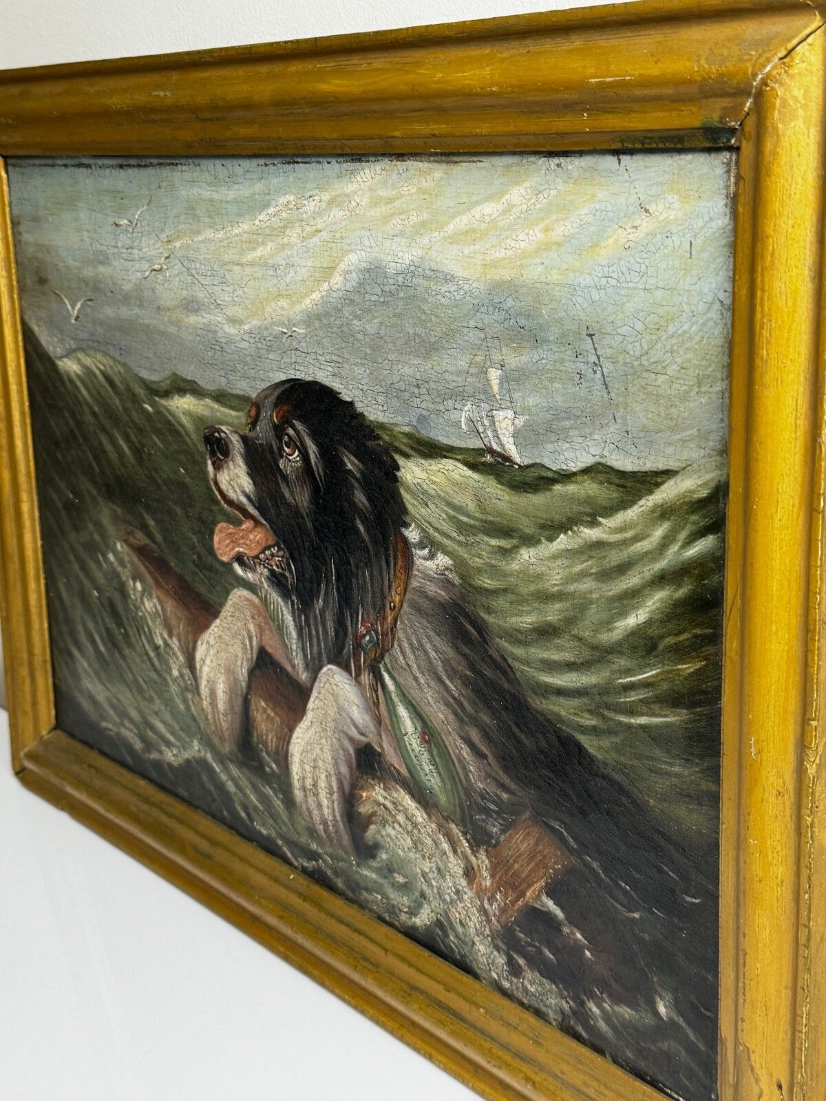 Marine Oil Painting Saint Bernard Dog Swamped Shipwrecked Approaching New York photo buy