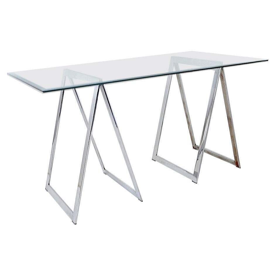 Mid Century Chrome Trestles Desk With Glass Top, Circa 1970