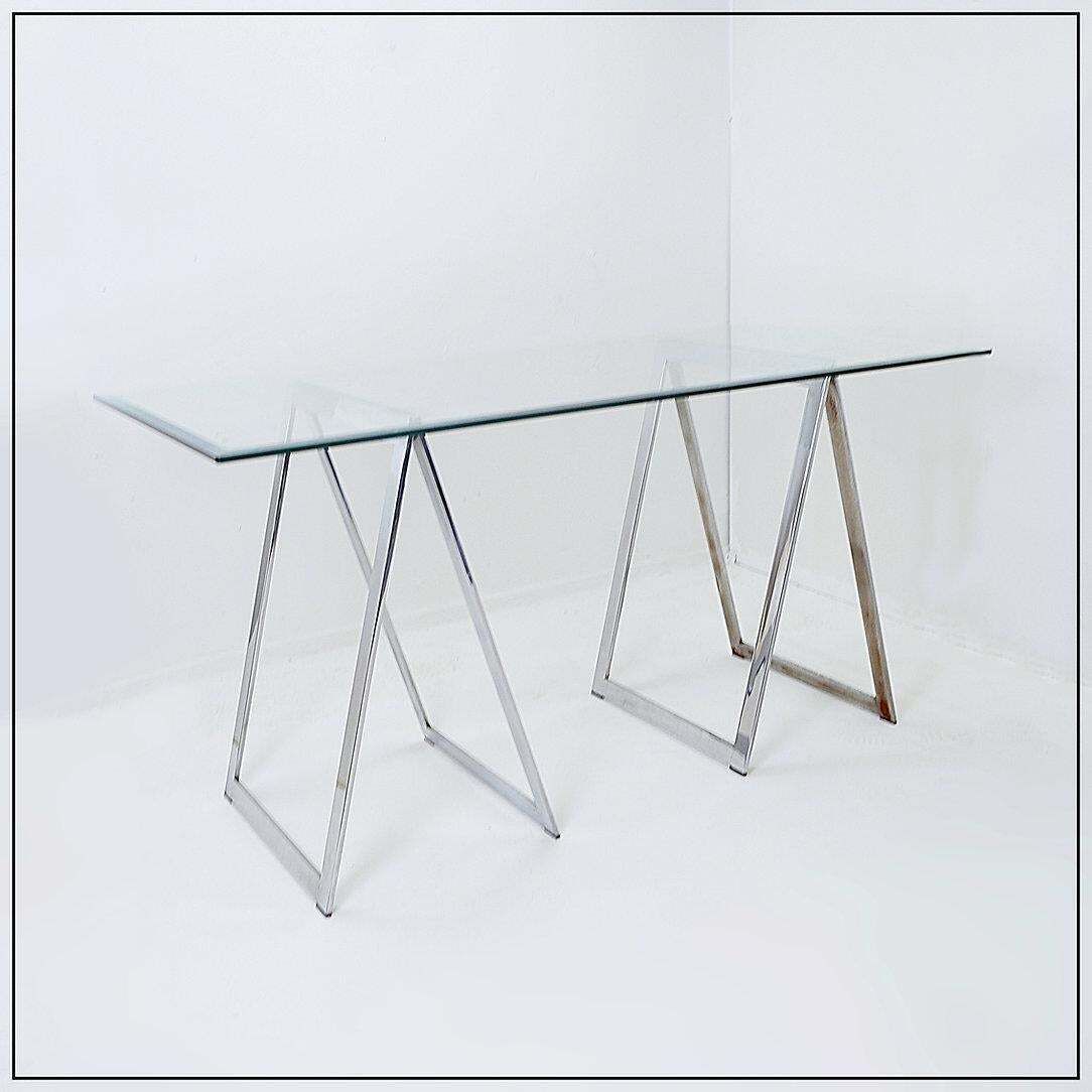 Mid Century Chrome Trestles Desk With Glass Top, Circa 1970 photo vinterior