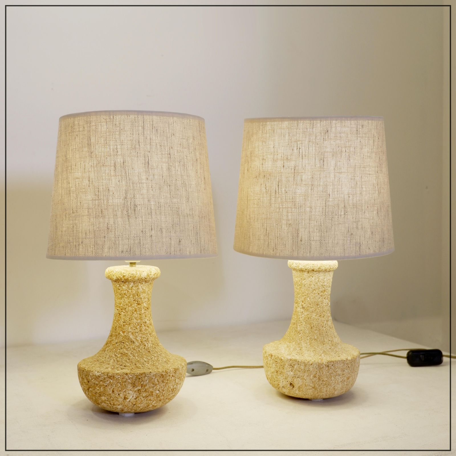 Pair Of French Stone Lamps, 1970s   New Linen Lampshade photo furniture