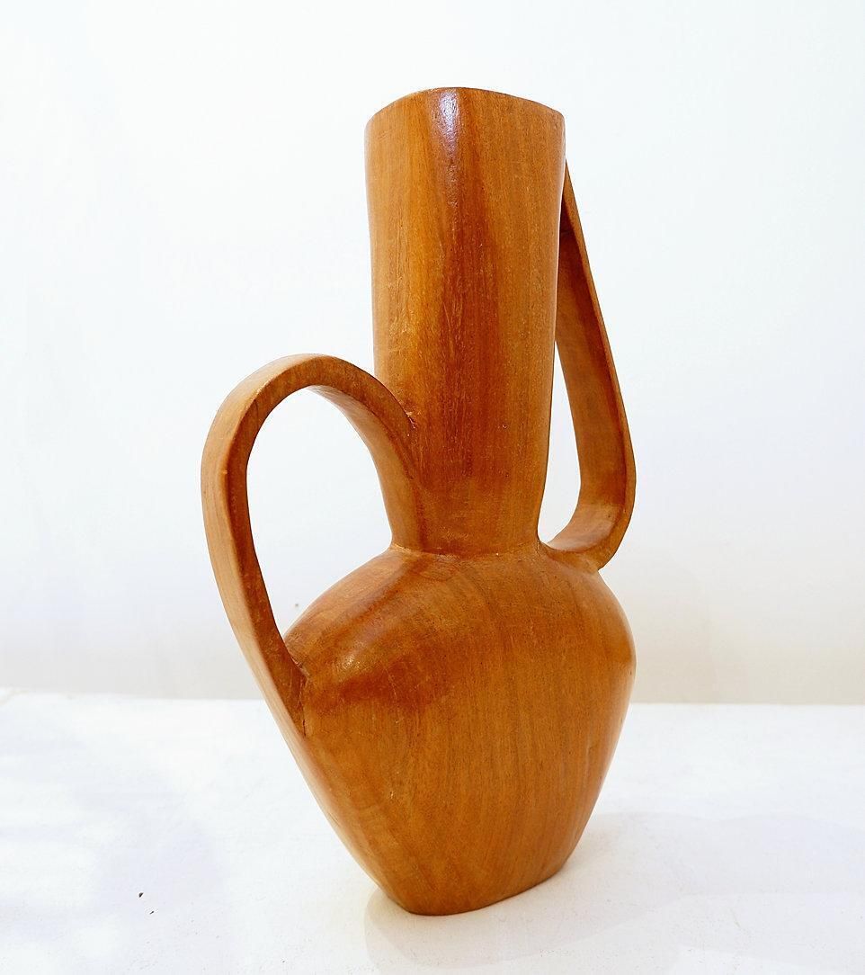 Scandinavian Modern Carved Teak Vase, Asymmetrical Design, Circa 1960 photo vintage
