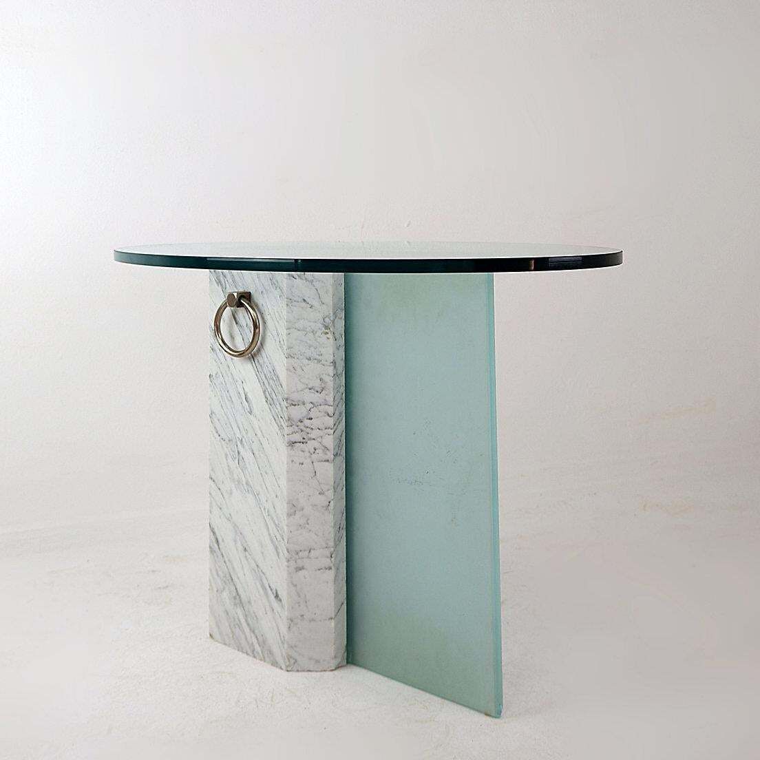 Marble And Sandblasted Glass Side Table   Oval Glass Top   1980s photo for sale