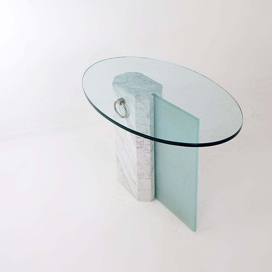 Marble And Sandblasted Glass Side Table   Oval Glass Top   1980s photo vintage