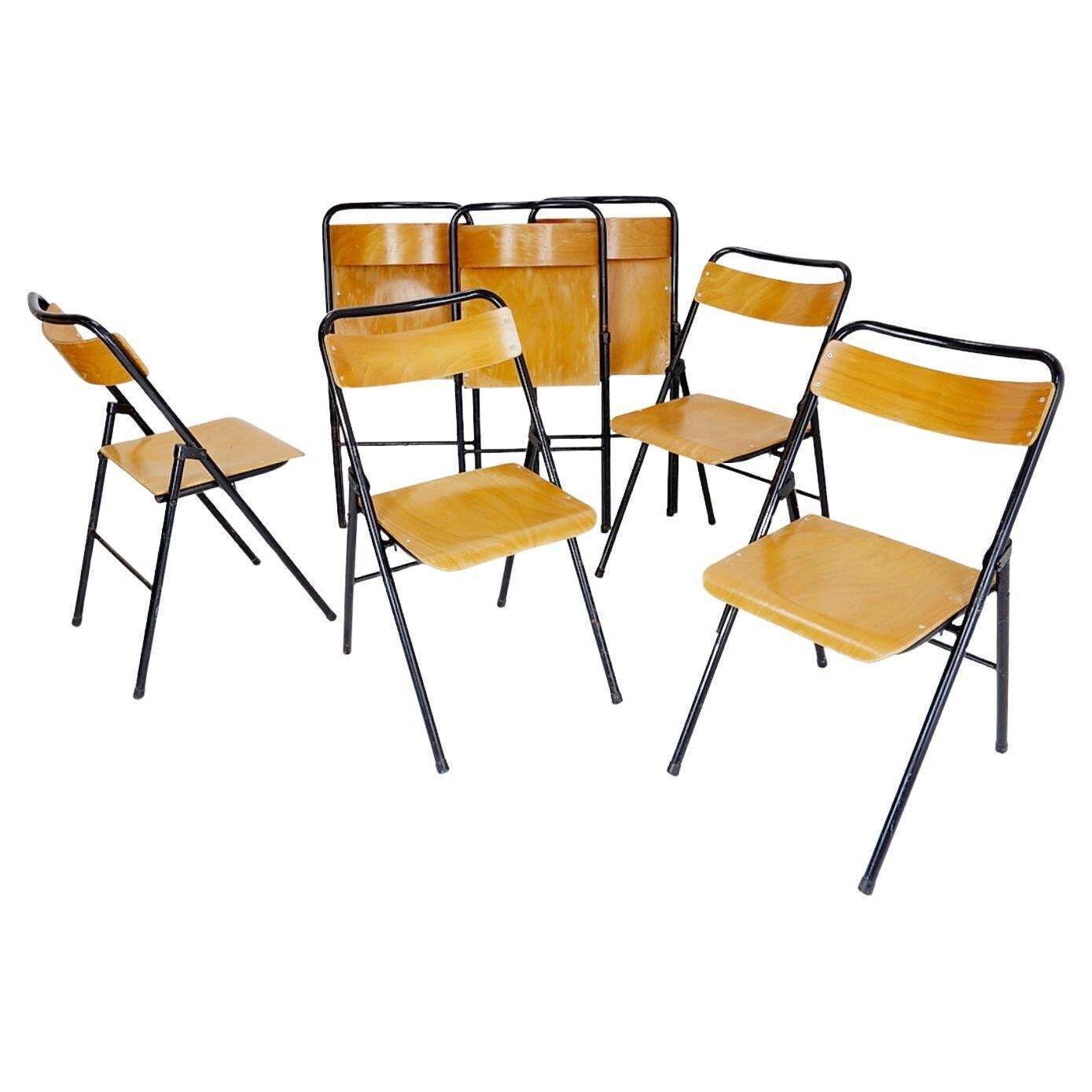 Vintage Set Of 7 Folding Chair In Metal And Wood   1960s