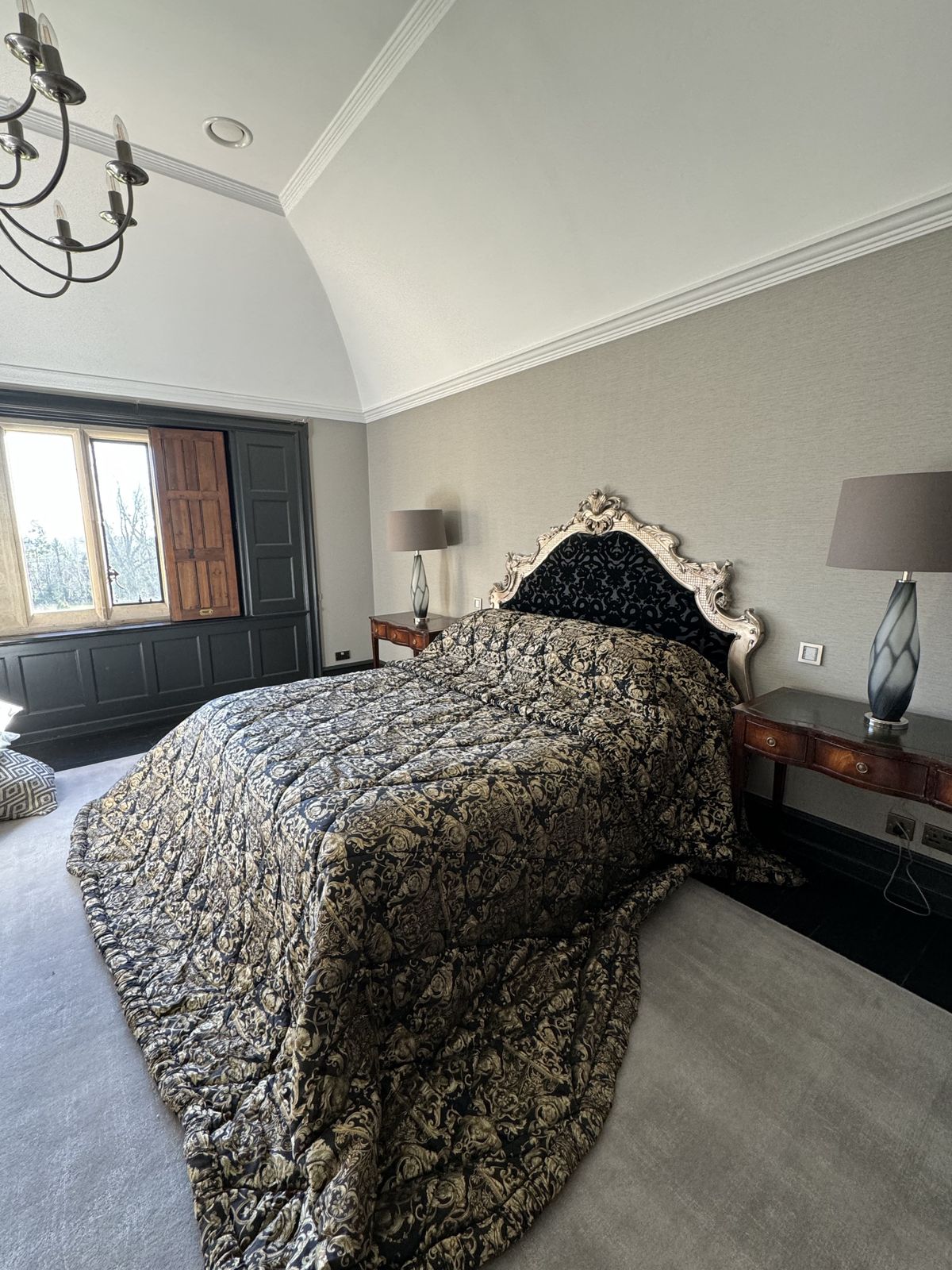 Custom Emperor Throw — Black & Gold Baroque Damask, Quilted, Ruffled Border | C.2002 photo for sale