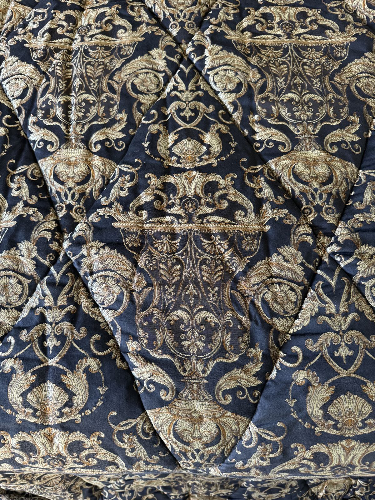 Custom Emperor Throw — Black & Gold Baroque Damask, Quilted, Ruffled Border | C.2002 photo vintage