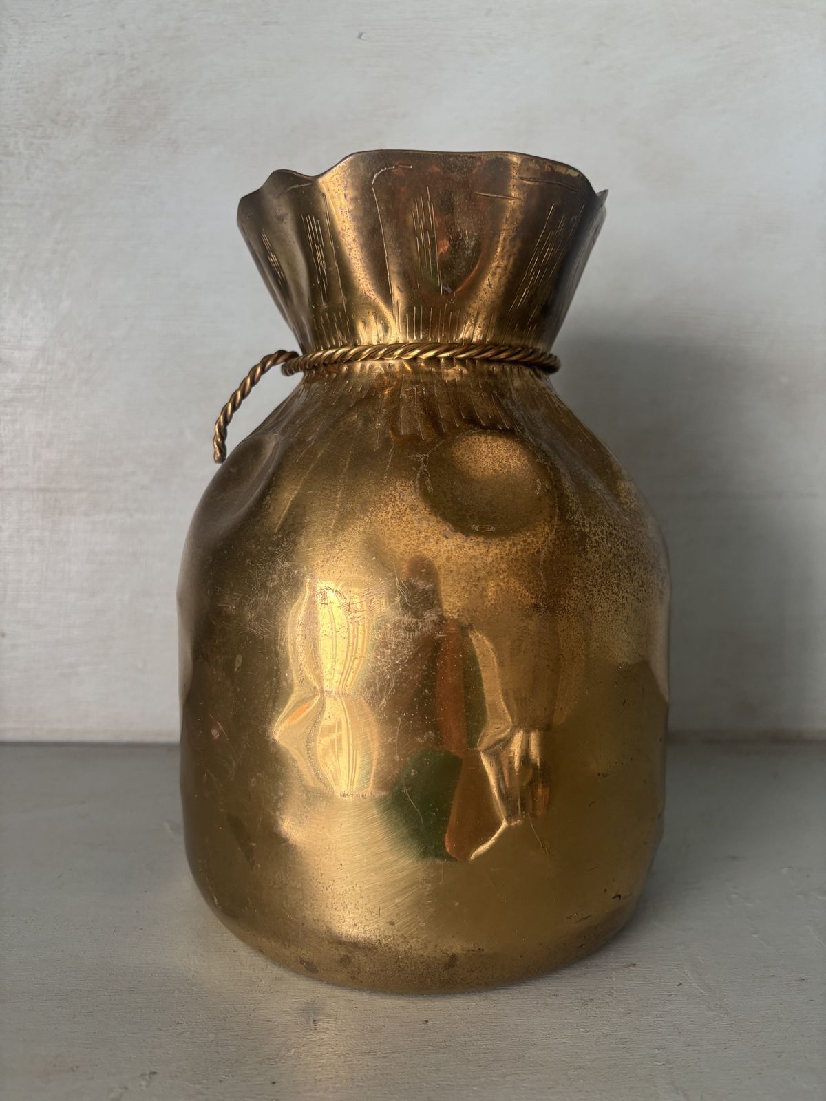 Mid Century Brass Money Bag Vase photo vintage