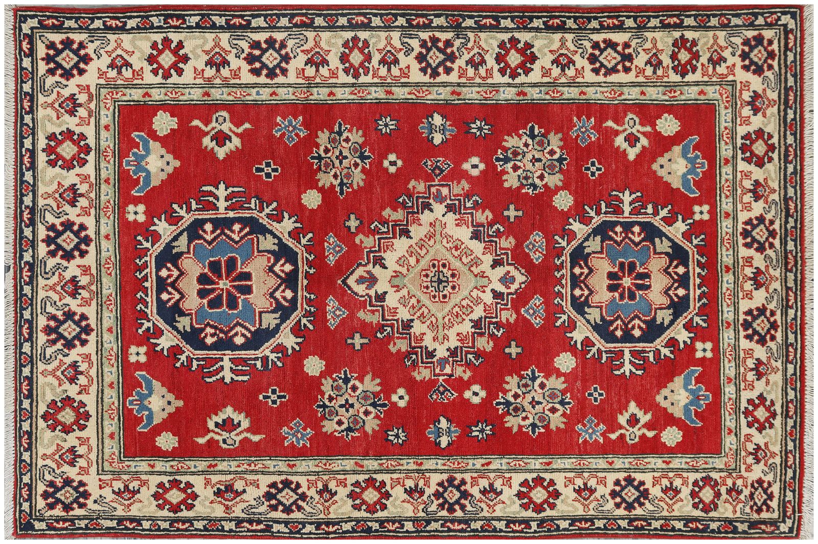 Red Kazak Handmade Wool Medallion Caucasian Rug 123x186cm photo buy
