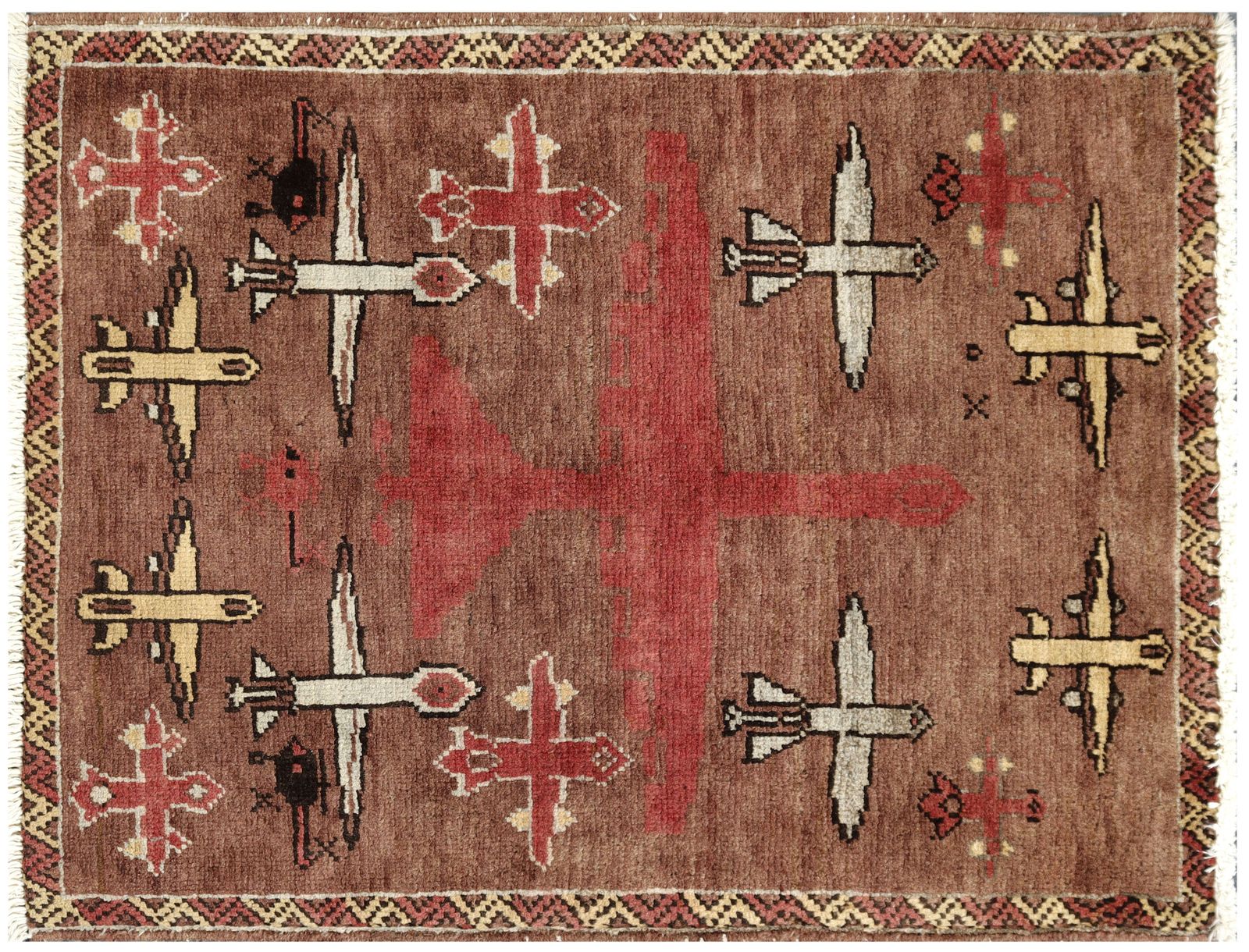 Brown Afghan War Hand Knotted Airplane Helicopter Small Rug photo buy
