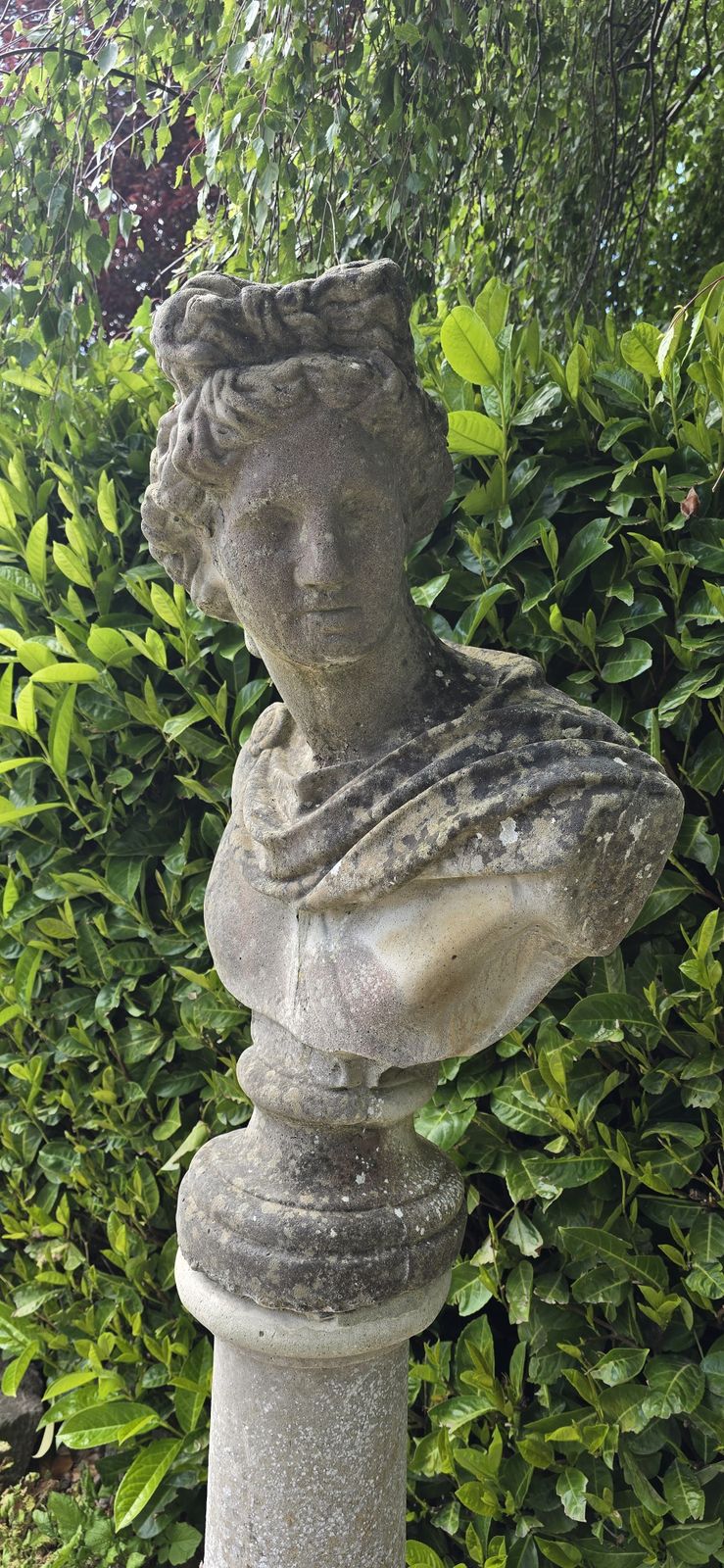 Well Weathered Bust Of Apollo On Pedestal photo for sale