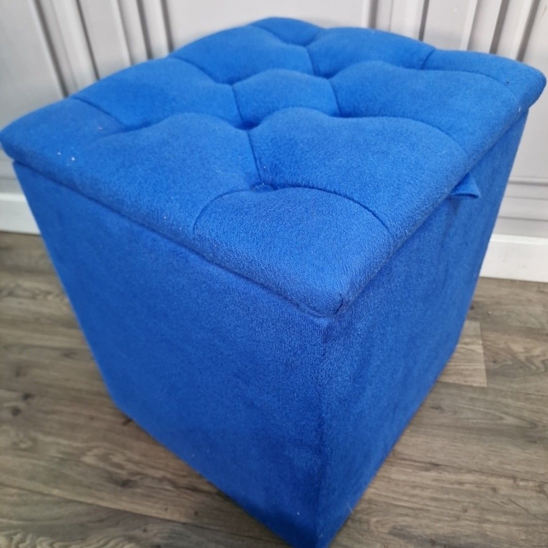 photo buy Retro Vintage Ottoman Footstool Blue Upholstered Storage – Lift Up Lid Box Seat