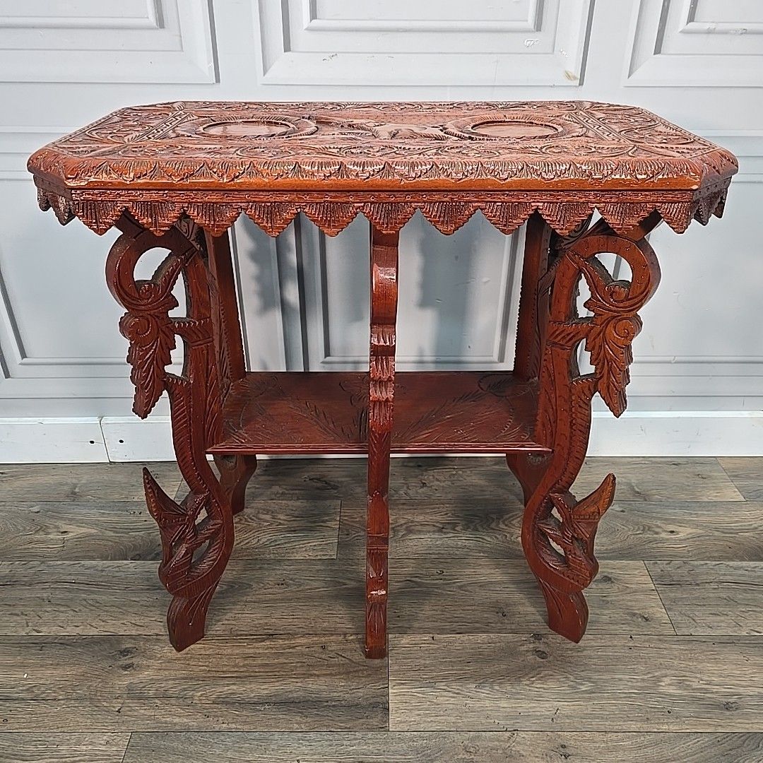 Antique Vintage Side Table Indian Heavily Carved Wooden Elephant & Mythical photo Furniture
