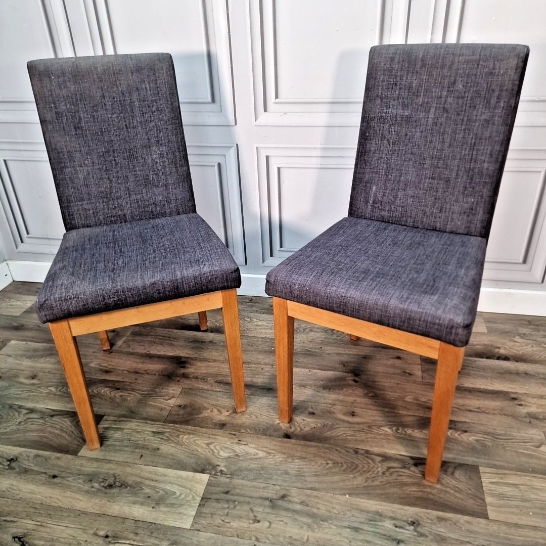 Pair Contemporary Dining Chairs Grey Upholstered Seats Wooden Modern Oak