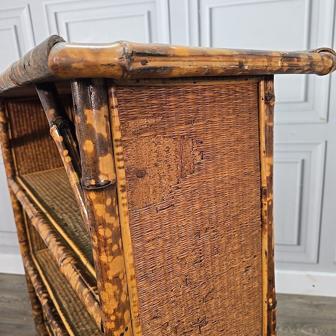 photo vintage Victorian Aesthetic Bamboo Bookcase Wicker – Anglo Japanese Open Cabinet Tiger