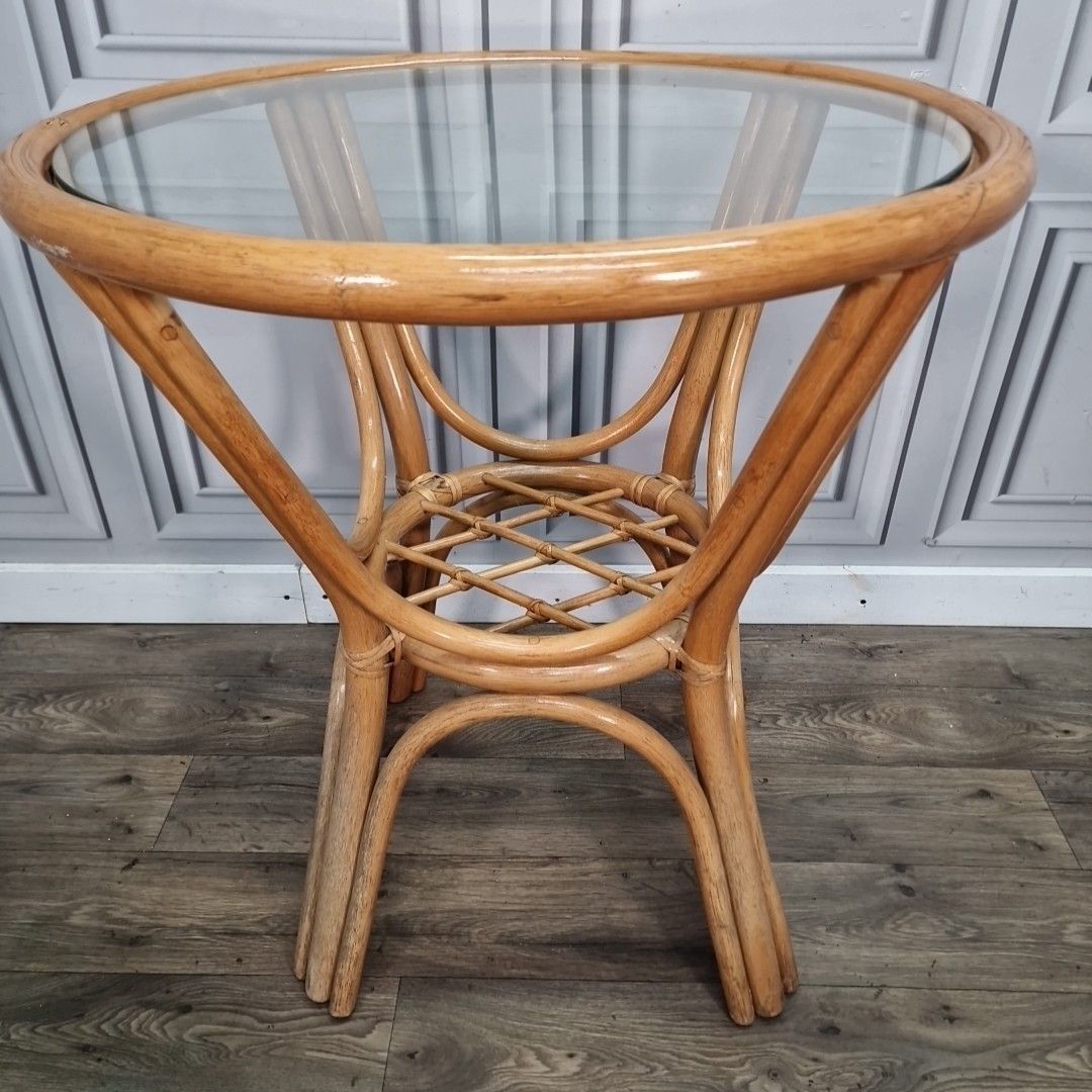 120.0 Retro Rattan Occasional Table Glass Top Bistro Garden Mid Century Vintage photo