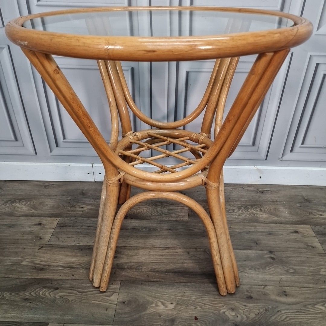 photo vinterior Retro Rattan Occasional Table Glass Top Bistro Garden Mid Century Vintage