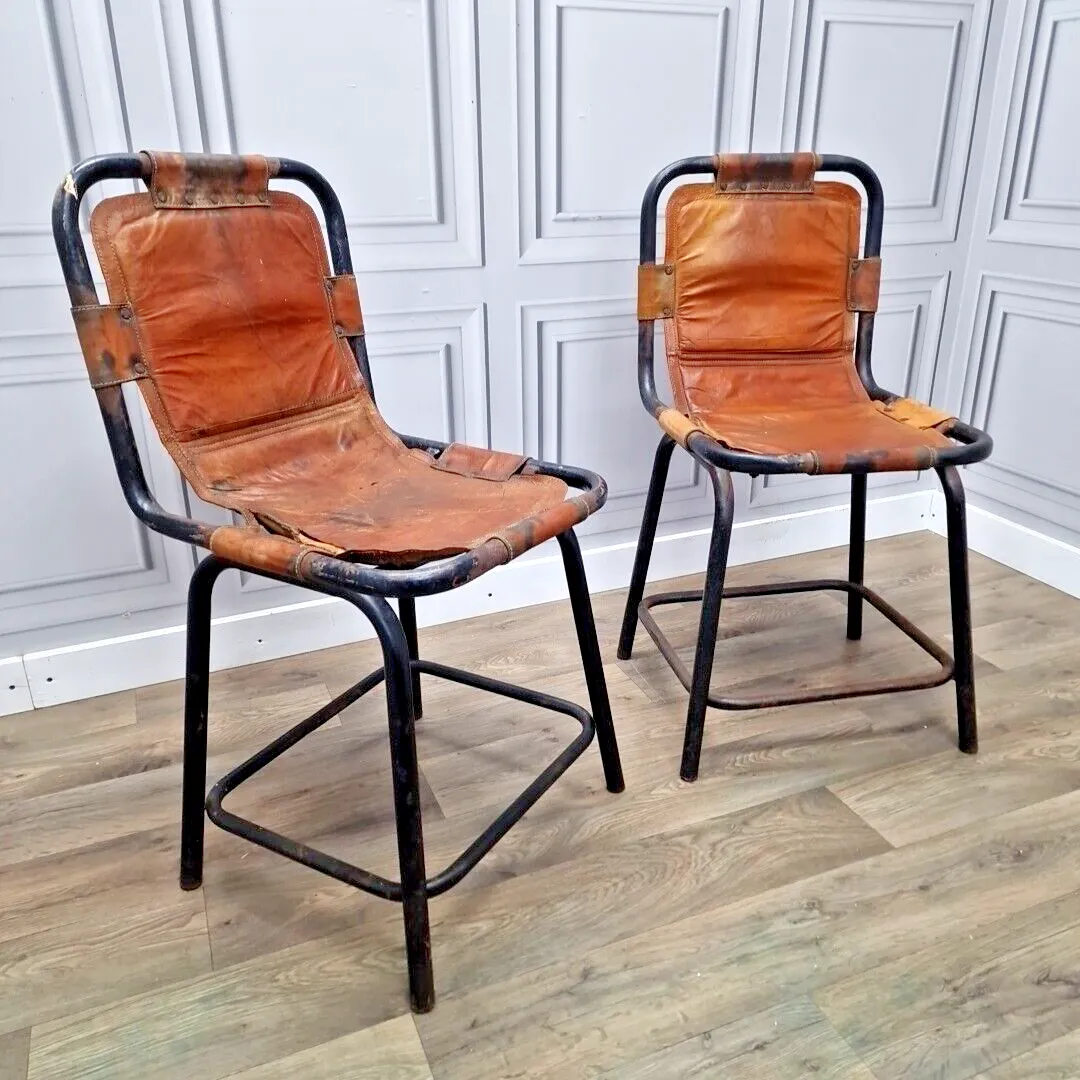Vintage Pair Metal Chairs Leather Saddle Industrial Seats Charlotte Perriand ?