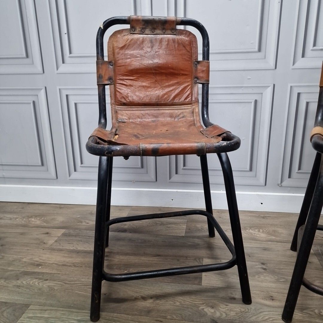 Vintage Pair Metal Chairs Leather Saddle Industrial Seats Charlotte Perriand ? photo Furniture