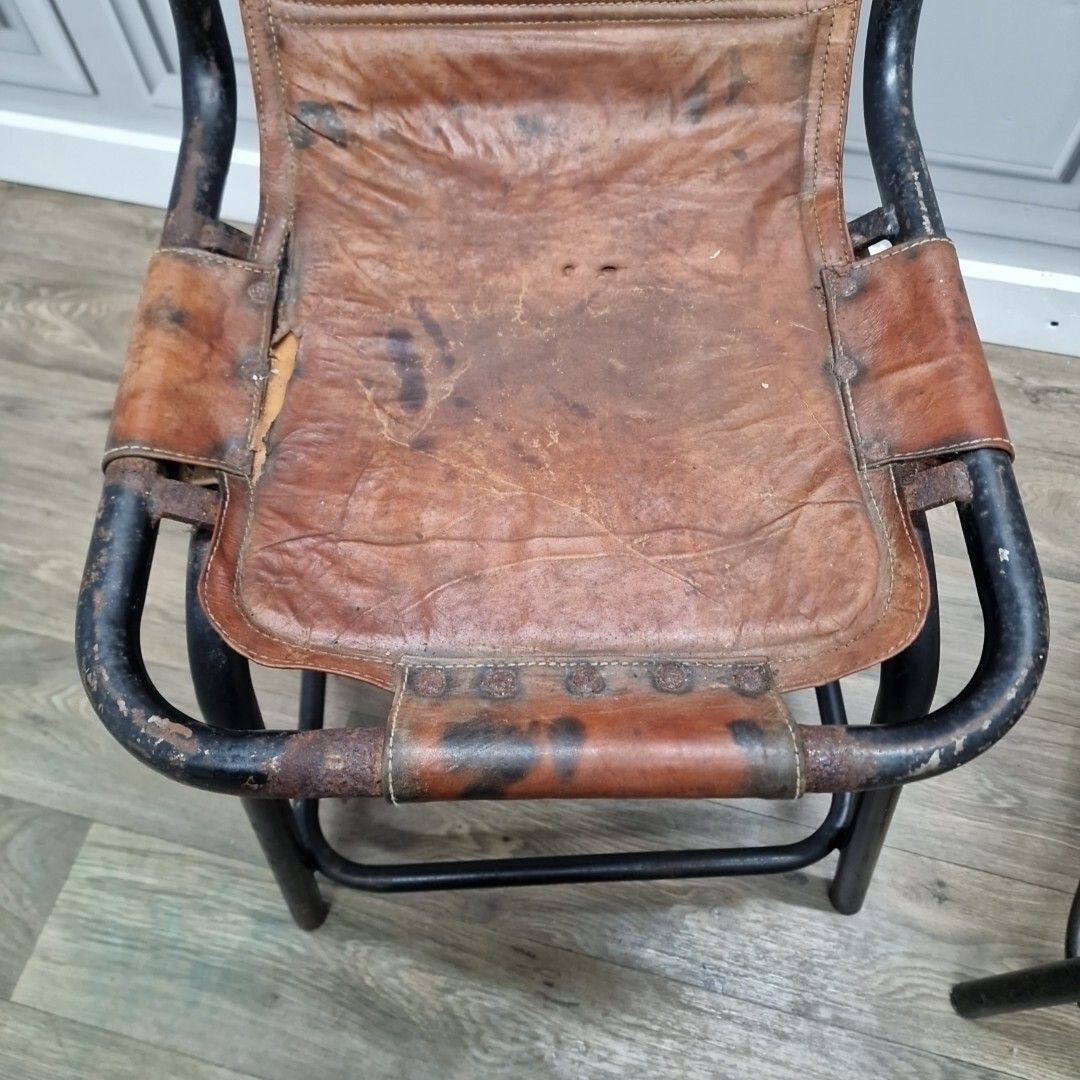 Furniture Vintage Pair Metal Chairs Leather Saddle Industrial Seats Charlotte Perriand ? photo