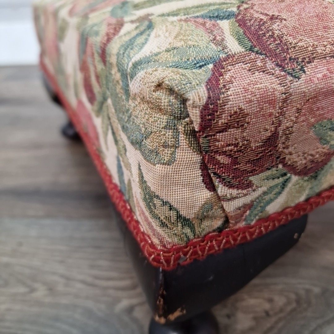 photo buy Antique Small Floral Footstool Queen Anne Cabriole Legs Upholstery Wood Vintage