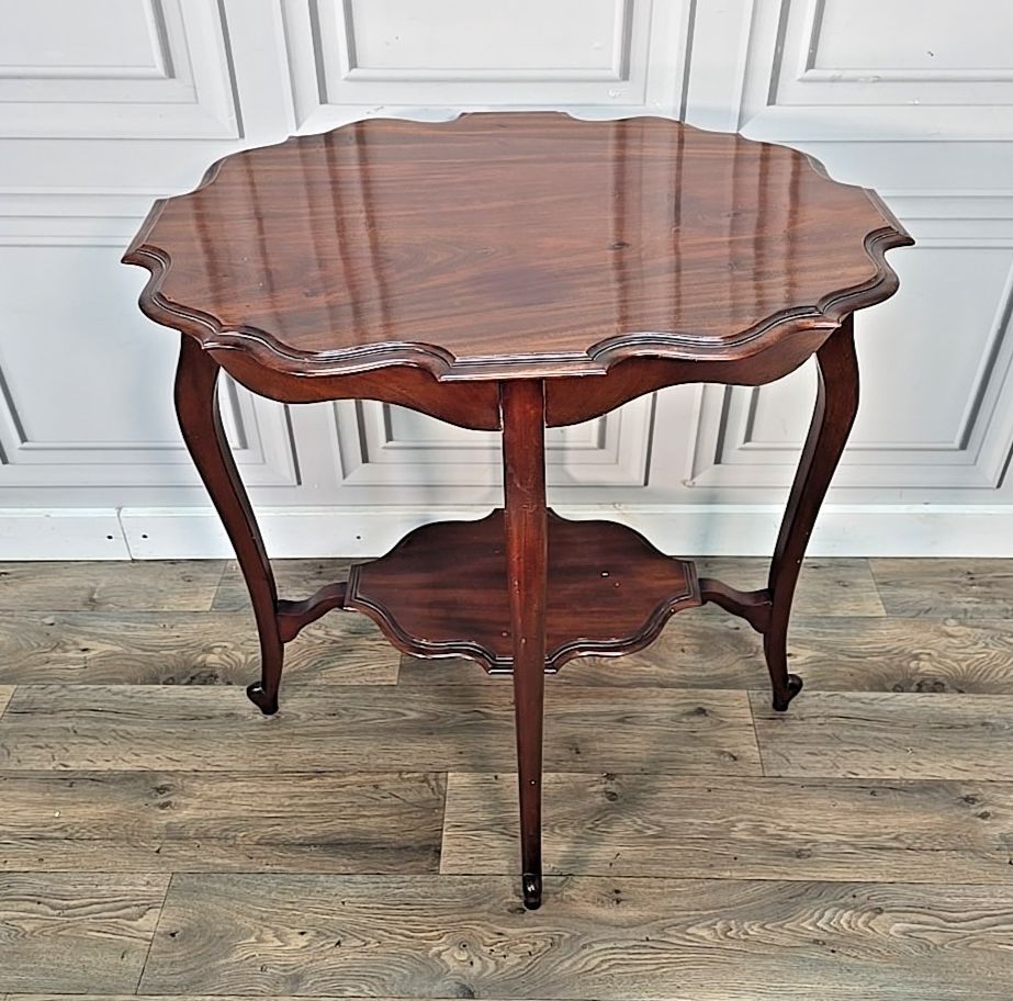 Antique Mahogany Window Table Edwardian Centre Side  Scalloped Top 2 Tier Wooden