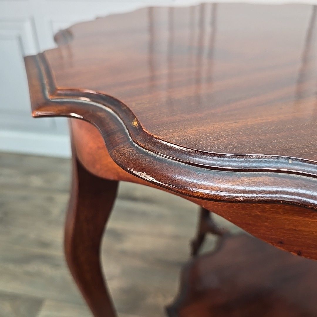 photo buy Antique Mahogany Window Table Edwardian Centre Side  Scalloped Top 2 Tier Wooden