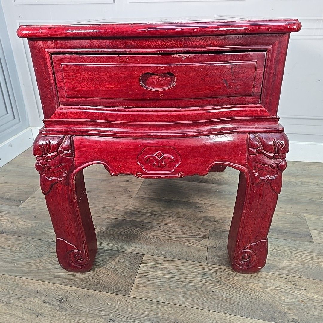 Furniture Antique Side Coffee Table Vintage Chinese Carved Drawer Oriental Mother Of Pearl photo