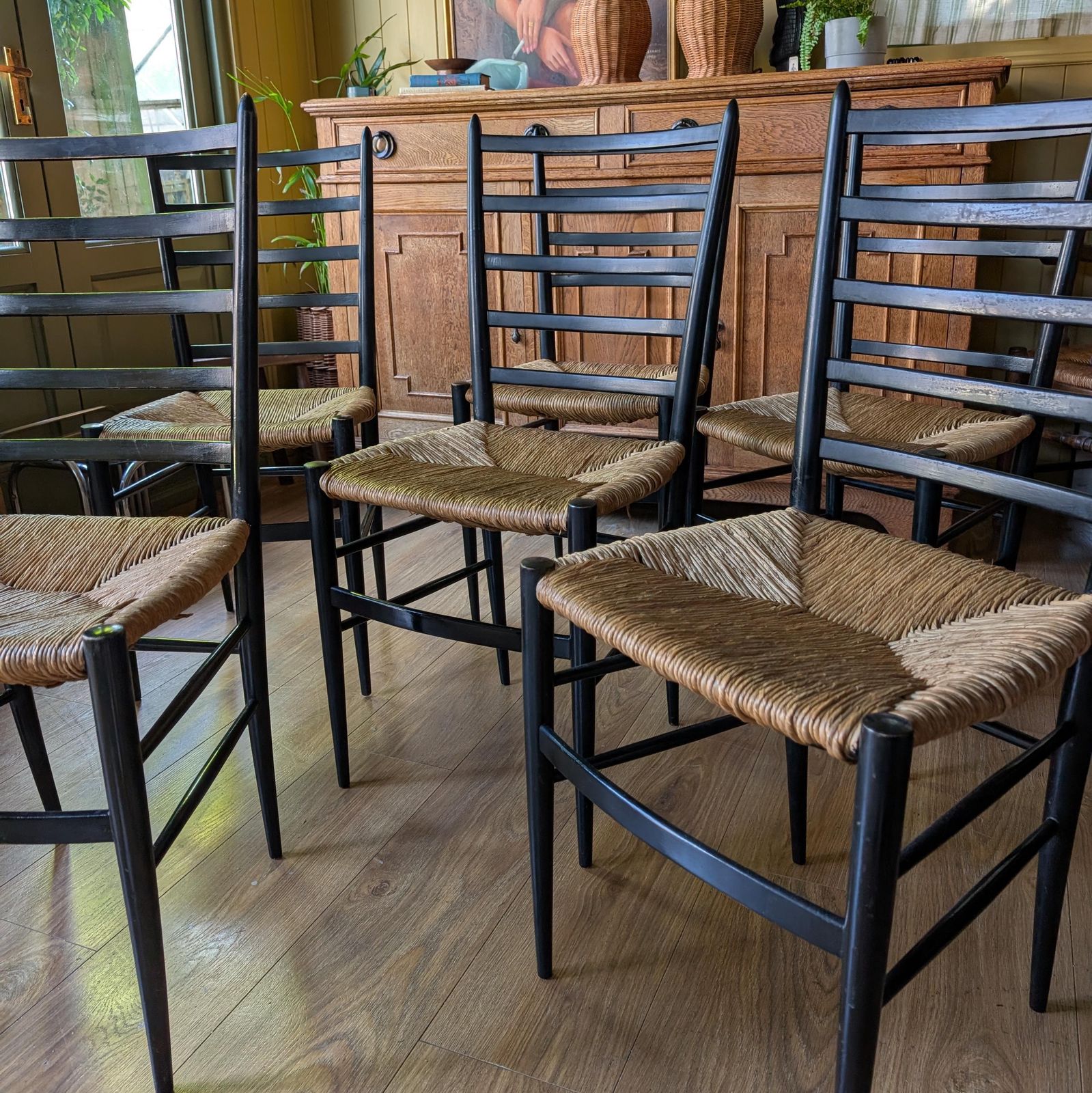 Set Of 6 Italian Mid Century Modern Ladder Back Chairs With Rush Seats photo buy