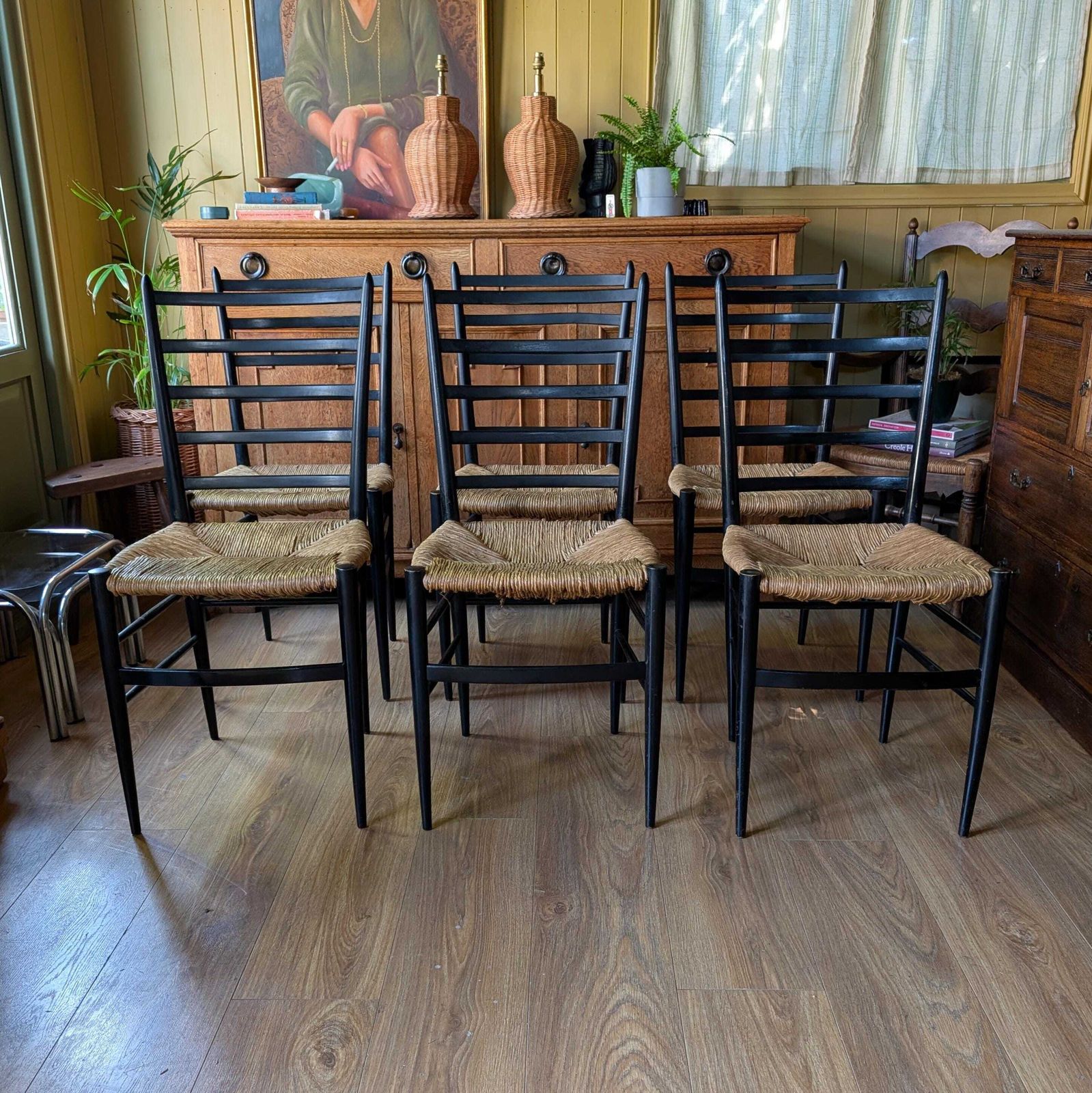 photo for sale Set Of 6 Italian Mid Century Modern Ladder Back Chairs With Rush Seats