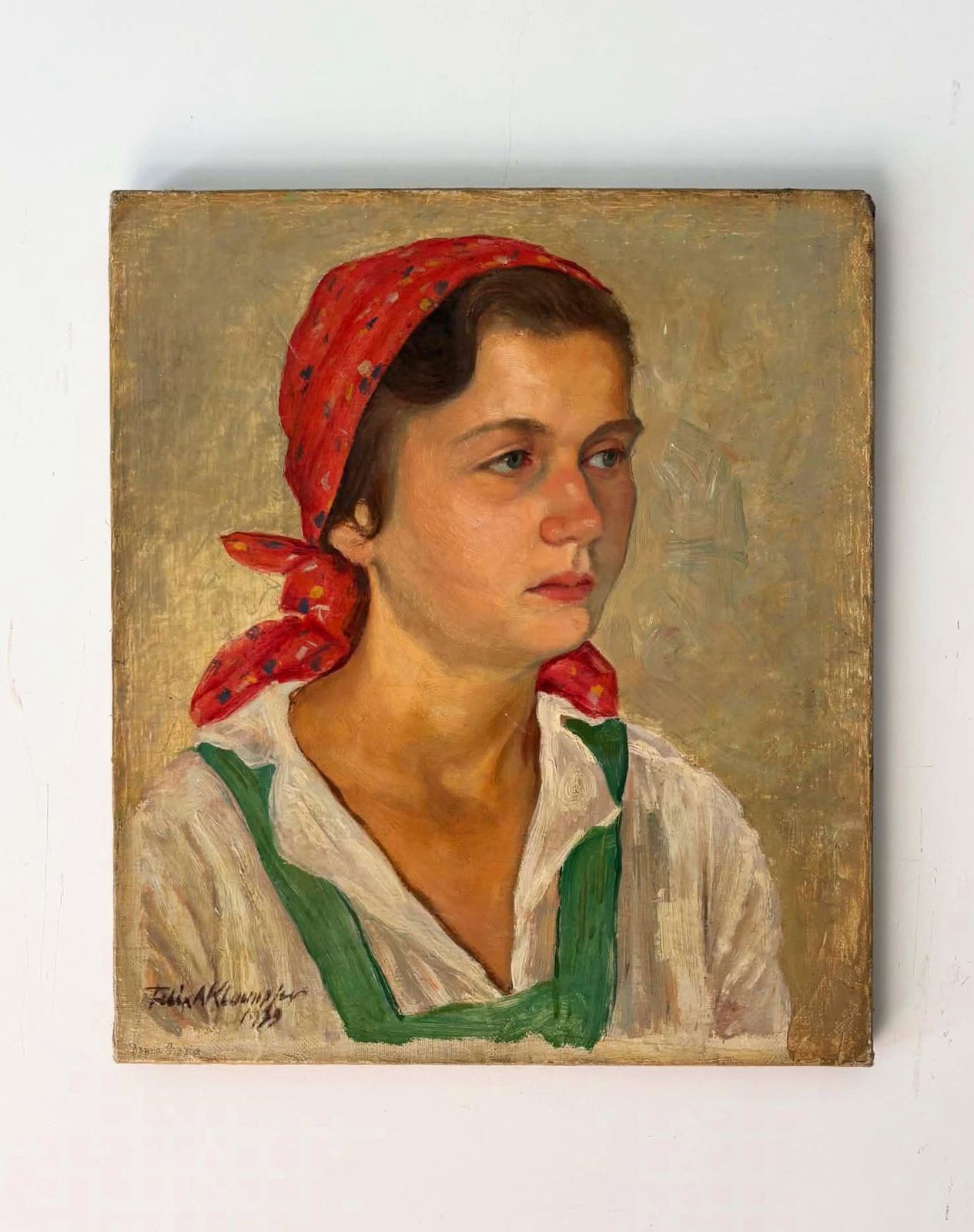 Antique 1939 Oil Painting Portrait Of Farmer Woman, Red Headscarf, Signed European Rural Portrait