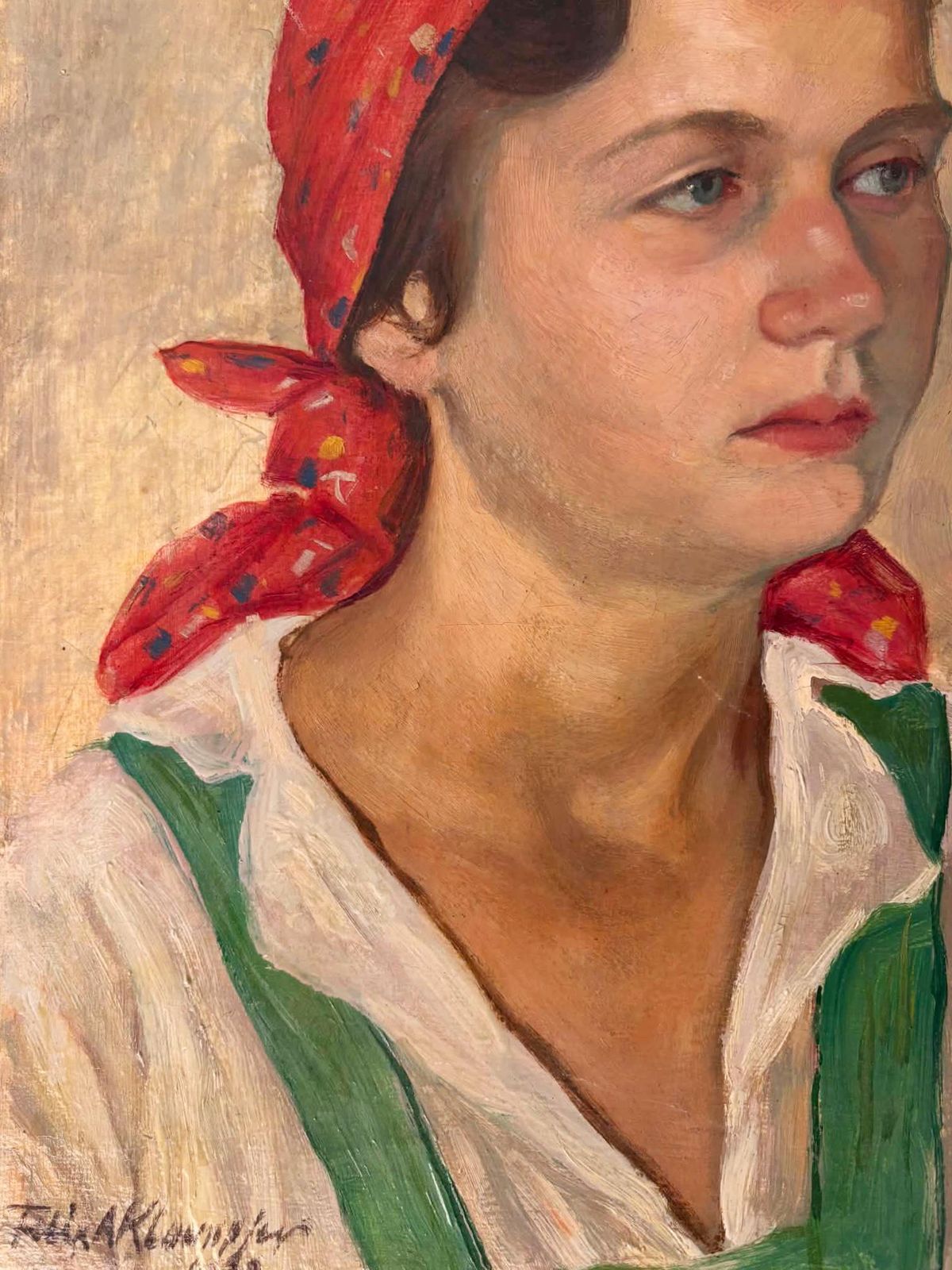 Antique 1939 Oil Painting Portrait Of Farmer Woman, Red Headscarf, Signed European Rural Portrait photo 679.0