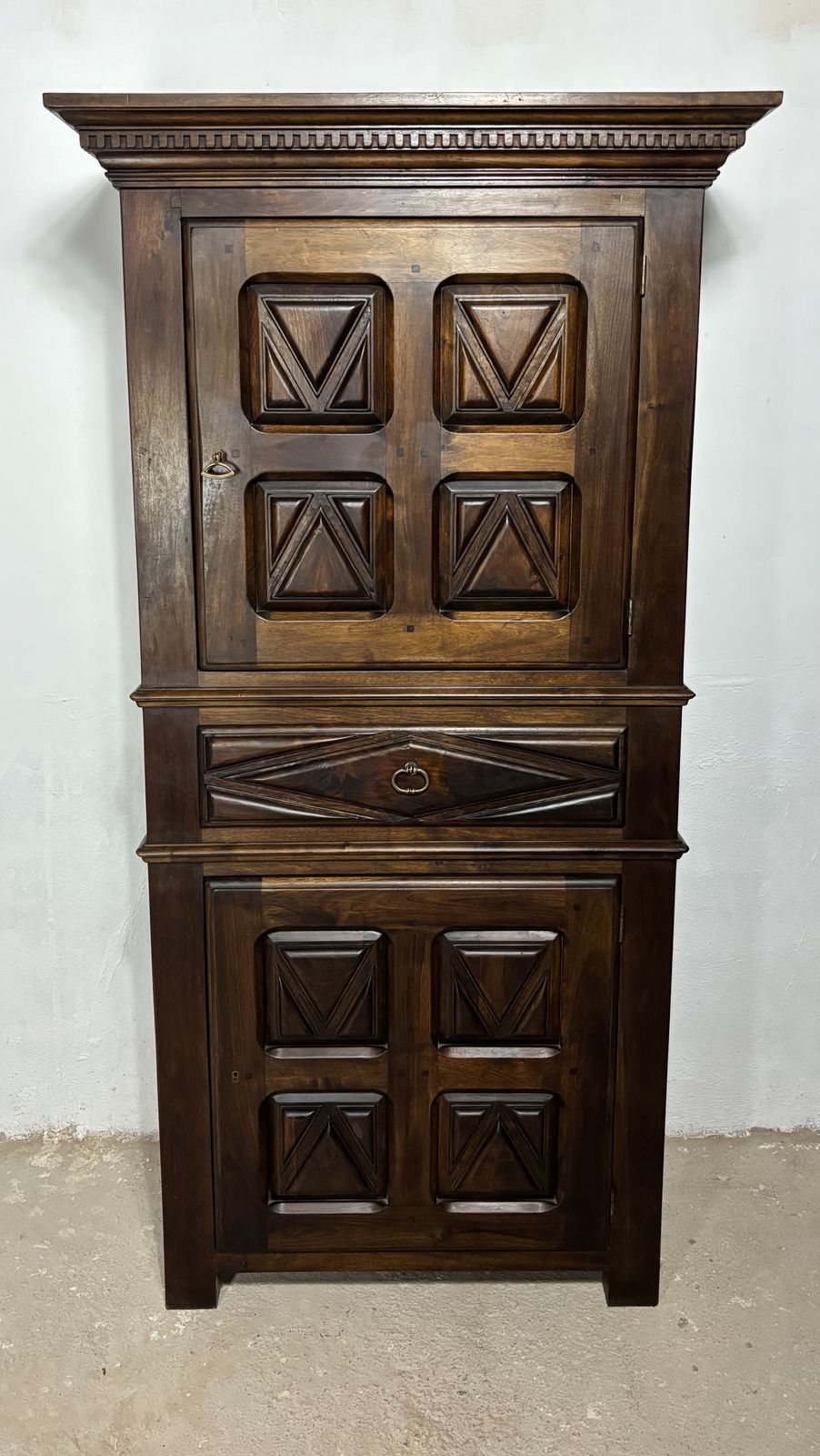 Early 20th Century Spanish Renaissance Style Walnut Cabinet With Geometric Carve photo for sale