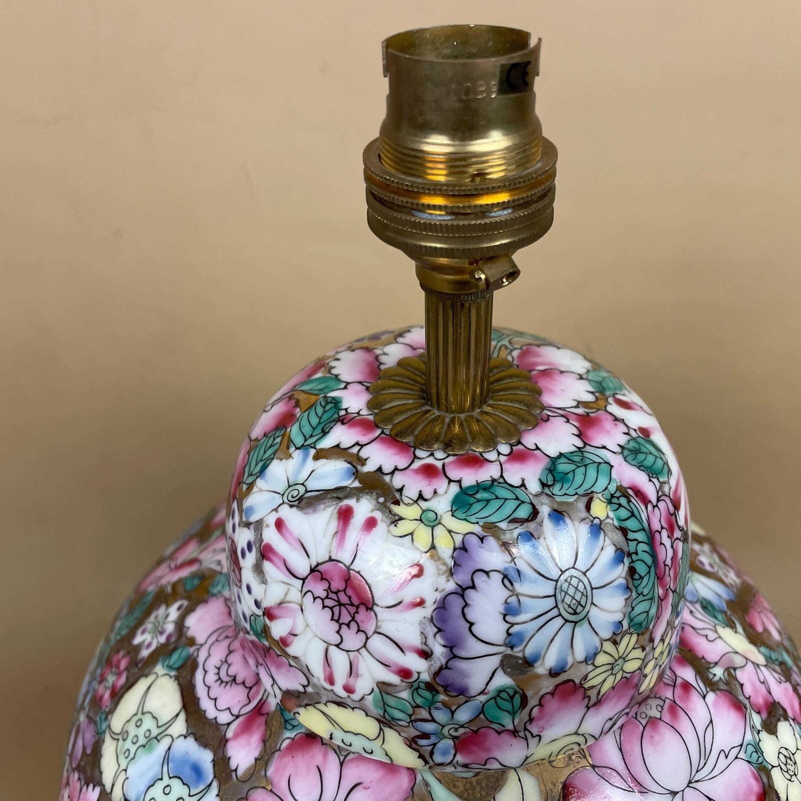 photo for sale Oriental Ceramic Baluster Vase Lamp Hand Painted Pink Gold Floral Porcelain Table Lamp Chinoiserie Ornate Pattern Wood Base Ginger Jar Large