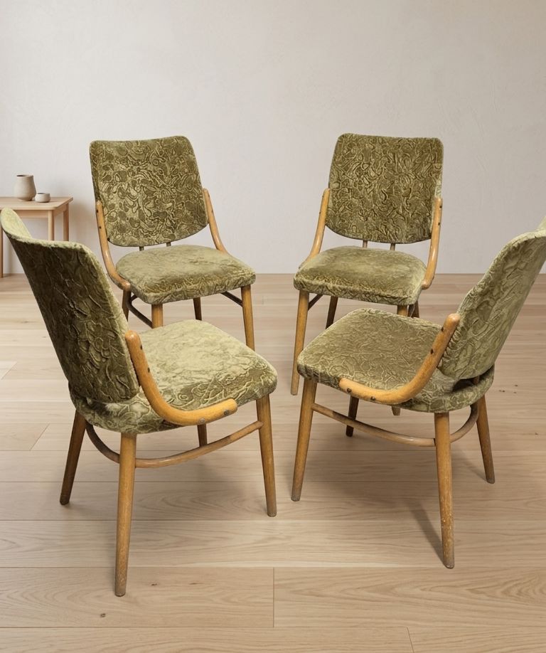 Bentwood Dining Chairs Set Of 4, Retro Beech Wood & Olive Velour Chair, Ton 1960s–1970s, Czechoslovakia photo furniture
