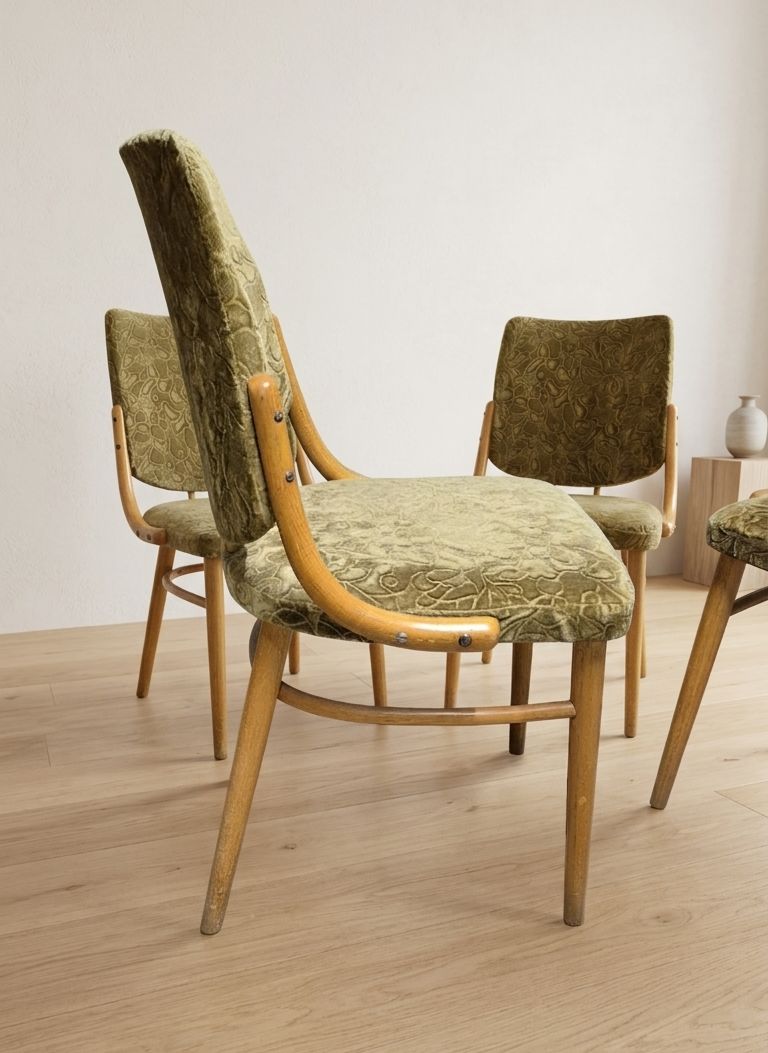 Bentwood Dining Chairs Set Of 4, Retro Beech Wood & Olive Velour Chair, Ton 1960s–1970s, Czechoslovakia photo for sale
