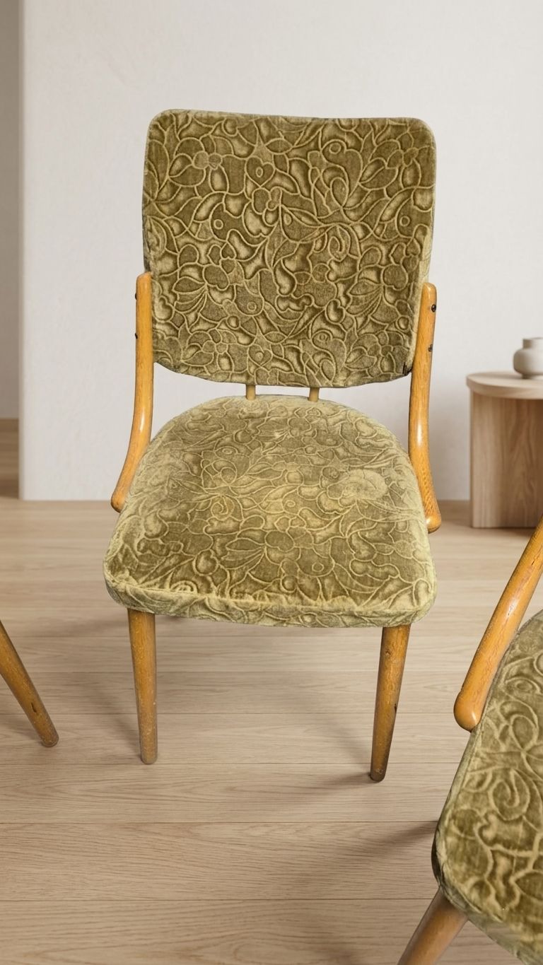 Bentwood Dining Chairs Set Of 4, Retro Beech Wood & Olive Velour Chair, Ton 1960s–1970s, Czechoslovakia photo vinterior
