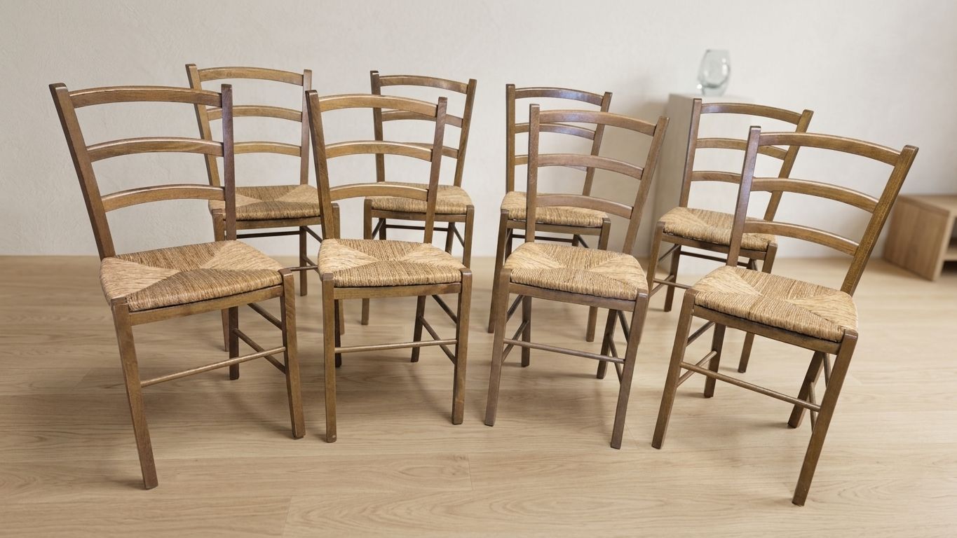 Set Of 8 Scandinavian Dining Chairs, Wooden Frame & Woven Rattan Seats, Gemla Fabrikers Ab, 20th Century photo furniture